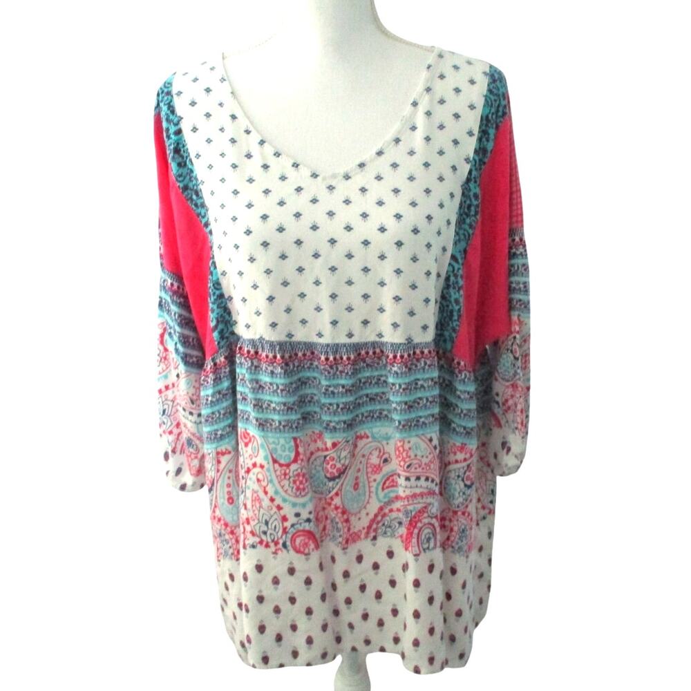 JW Style Women's Blue & White Paisley Print 3/4 Sleeve Shirt Size XL